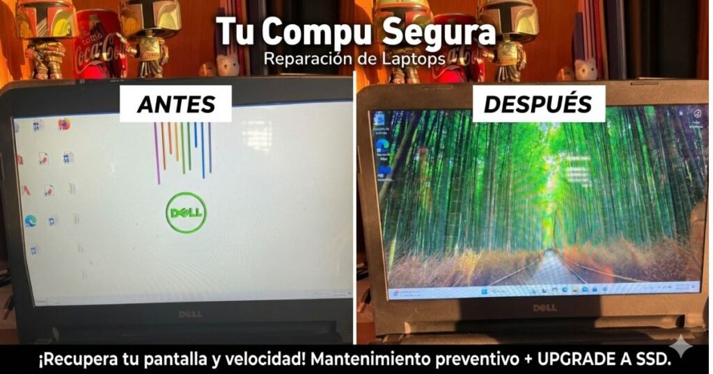 Resultado de reparación de Dell Inspiron 5437 con pantalla verde y actualización a SSD en Tu Compu Segura.